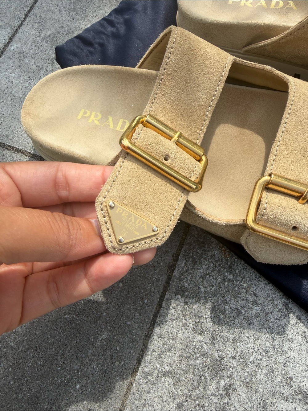 Prada women’s tan Suede Double-Buckle Slide Sandals with Gold Buckles - Picture 2 of 10